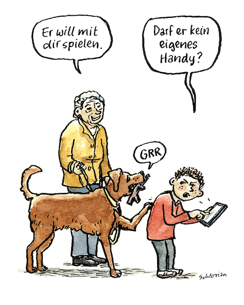 Frau mit Hund sagt zu einem Kind: Er will mit dir spielen! Das Kind hält ein Handy in der Hand und antwortet: Darf er kein eigenes Handy? 